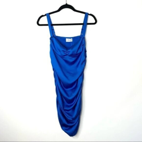 Urban Outfitters LIONES Mini Dress Mysterious Girl Ruched side Satin Blue Size M - Picture 9 of 16